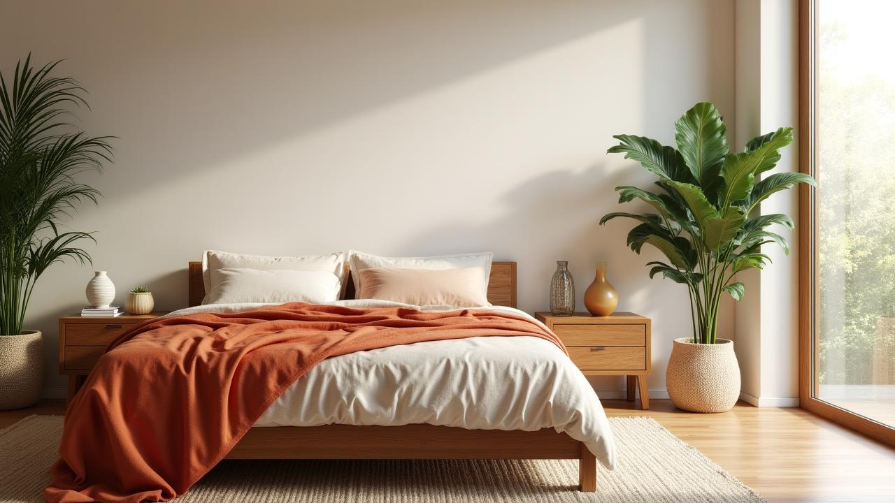 A serene modern bedroom with layered organic bedding