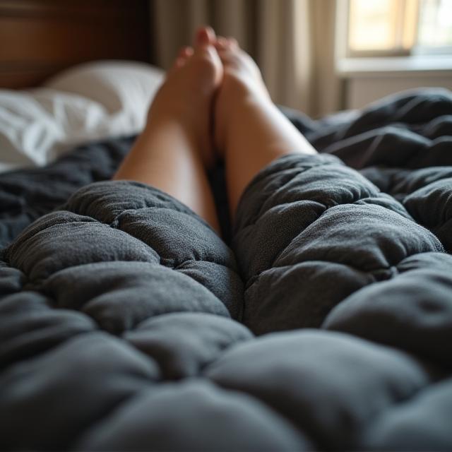 A person resting peacefully under a textured weighted blanket