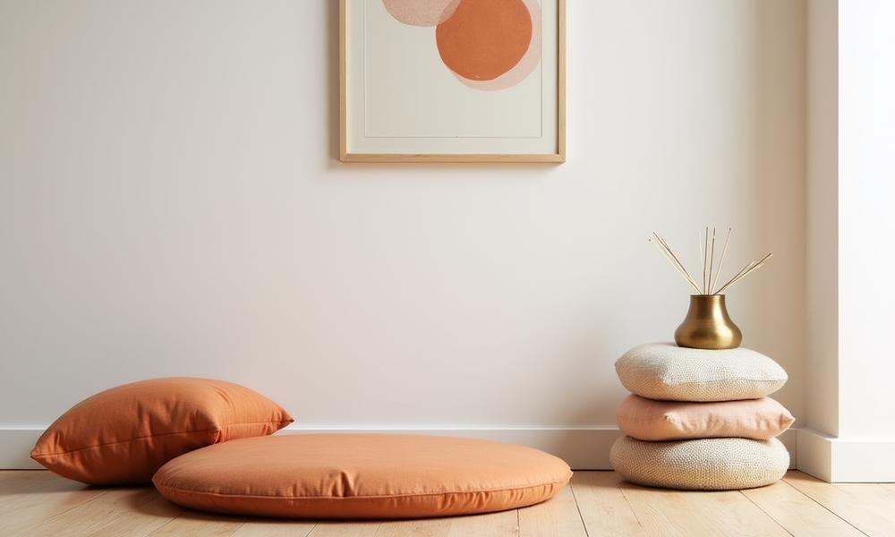 Staged meditation corner with cushions and floor pillows
