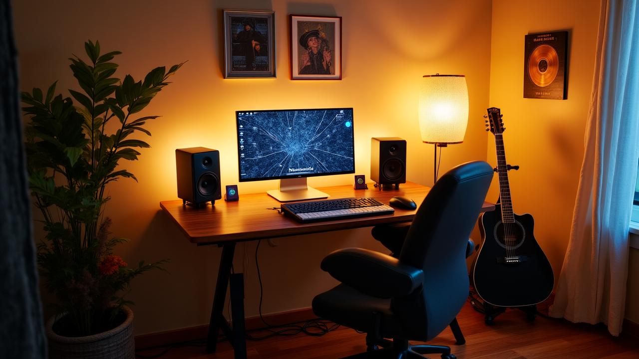 A Nashville-inspired workspace featuring music-themed wall prints and warm wood tones