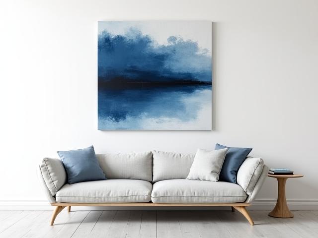Clean white living room with abstract black and white art