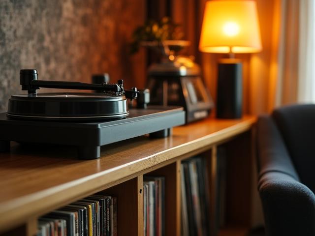 A cozy vinyl record listening station with a mid-century modern chair