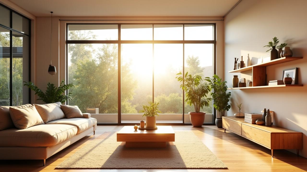 A bright living room featuring a bamboo coffee table and reclaimed wood shelving under natural sunlight
