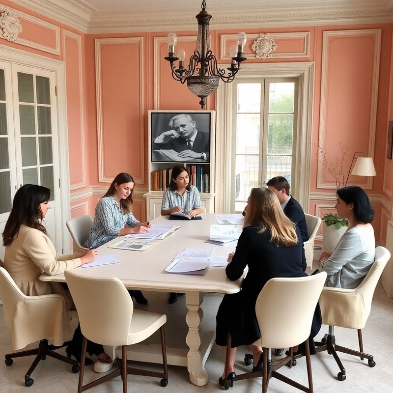 Petite équipe éditoriale de cinq personnes rassemblée autour d'une table dans un appartement niçois aux murs rose chaleureux